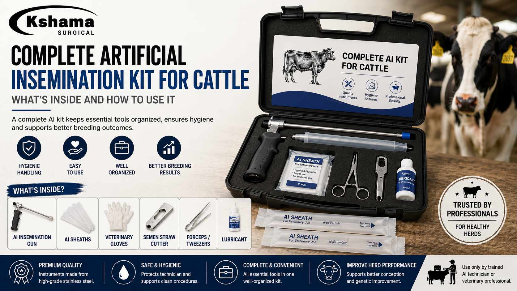 Complete artificial insemination kit for cattle with AI gun, protective sheaths, veterinary gloves, semen straw cutter, forceps, and lubricant — Kshama Surgical.