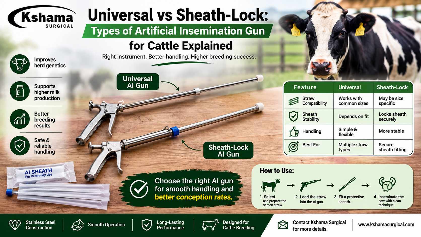 Universal vs sheath-lock artificial insemination gun for cattle, showing AI gun types, key features, sheath compatibility, and cattle breeding equipment by Kshama Surgical.