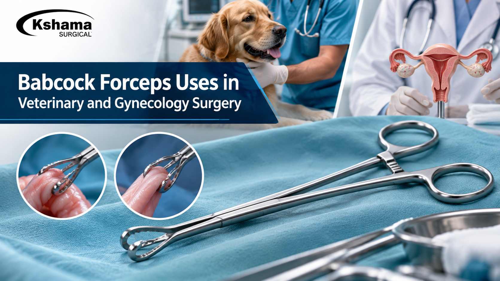 Babcock forceps shown on a surgical drape with veterinary and gynecology surgery visuals.
