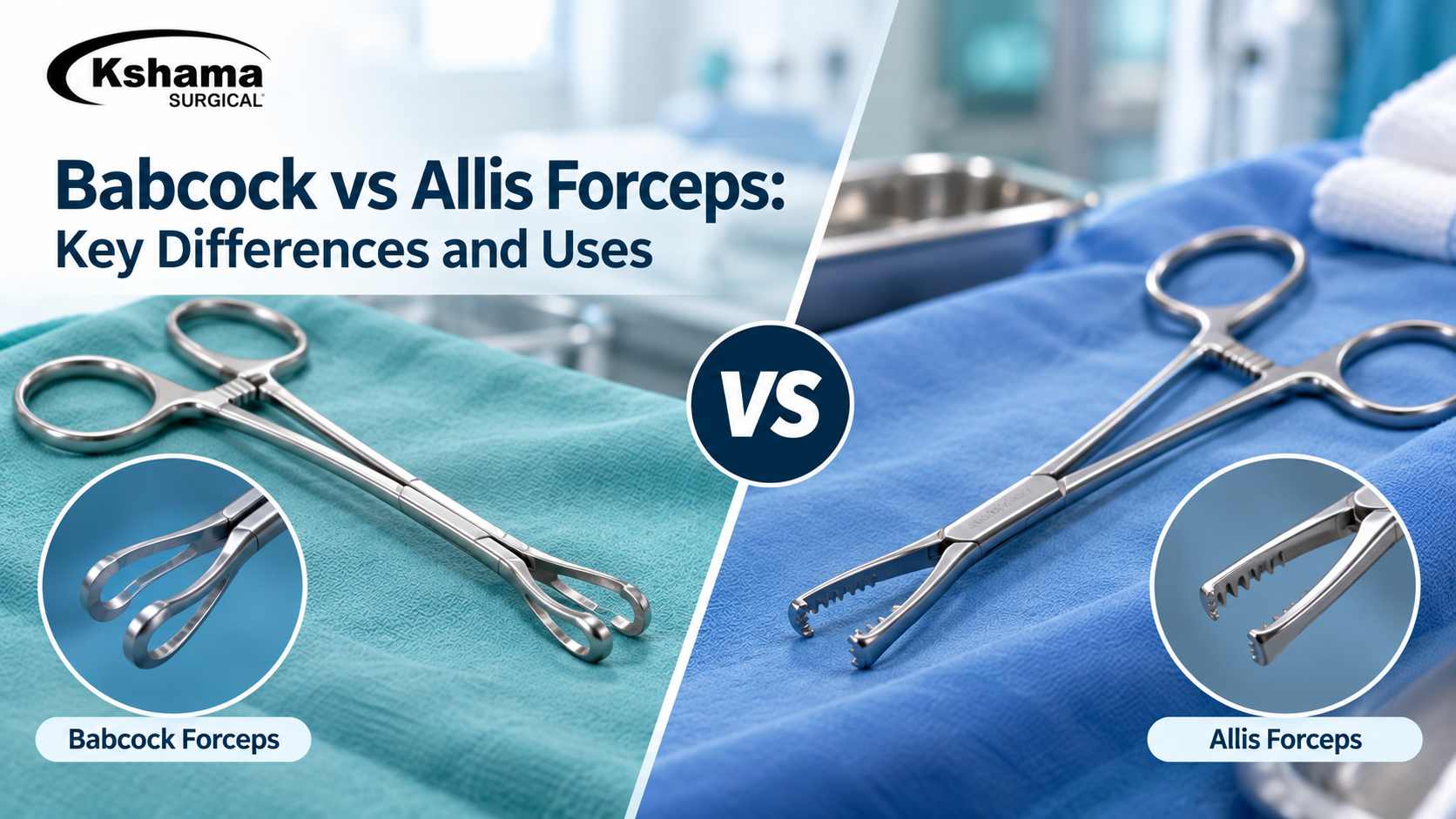 Babcock and Allis forceps displayed side by side on surgical drapes, highlighting their different jaw designs and uses.