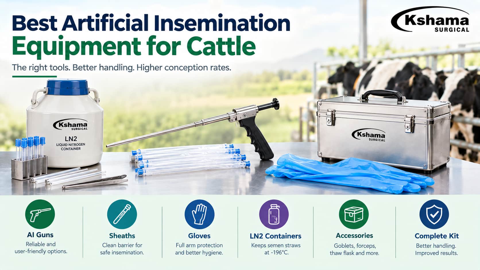 Artificial insemination equipment for cattle including an insemination gun, disposable sheath, long-arm glove, liquid nitrogen container, straw forceps, and thaw flask