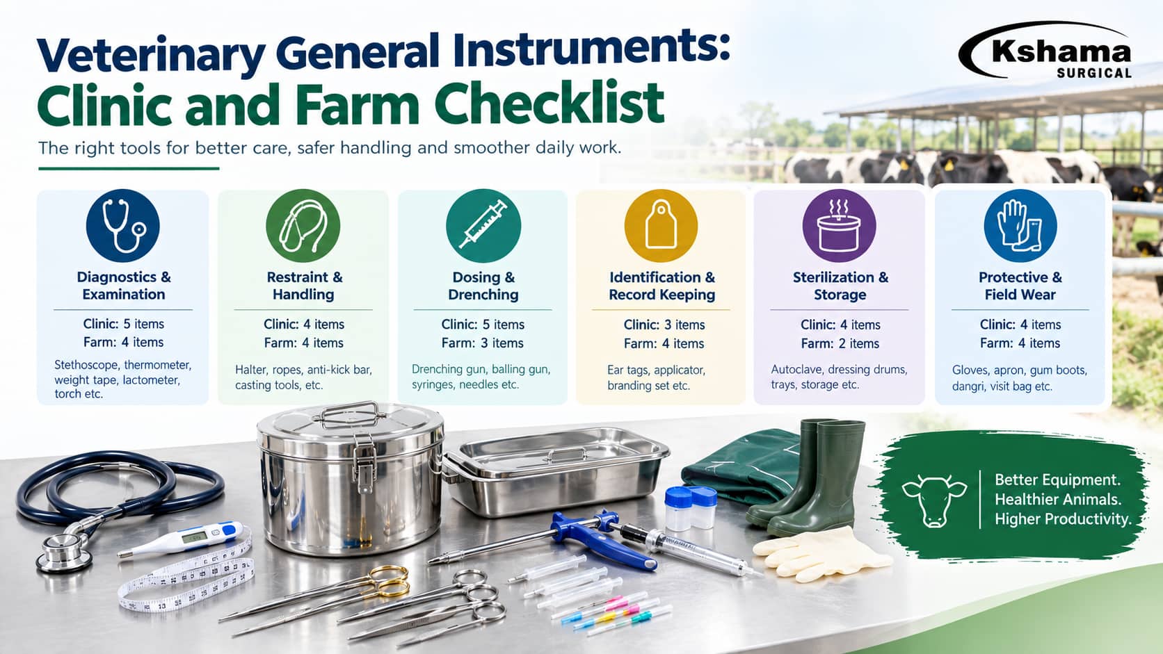 Stainless steel veterinary general instruments laid out on a clinic bench with a dressing drum and thermometer