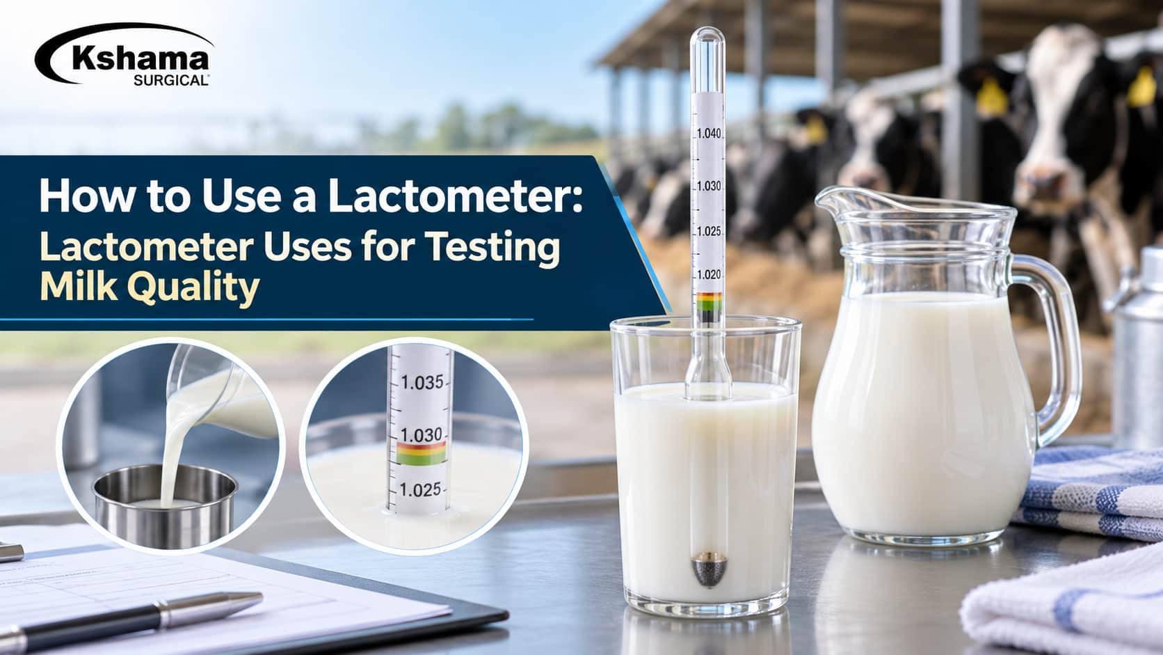 Lactometer floating in a glass of milk with a milk jug and dairy cows in the background, illustrating lactometer use for testing milk quality.