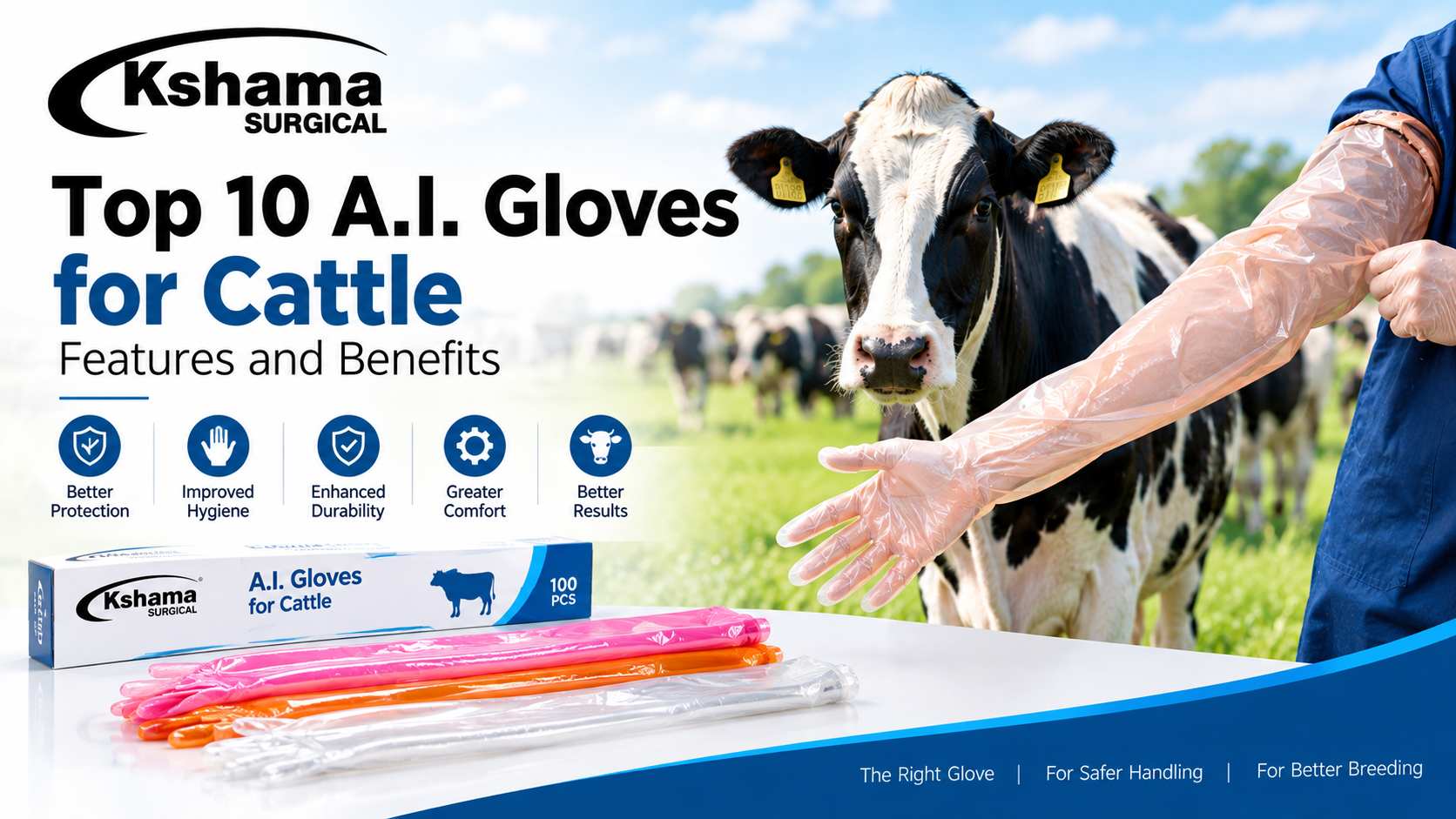 Shoulder-length A.I. gloves for cattle used for safe and hygienic rectal palpation and artificial insemination procedures.