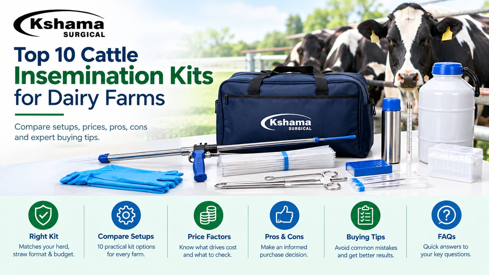 Cattle insemination kit with AI gun, sheaths, gloves and veterinary accessories for dairy farms