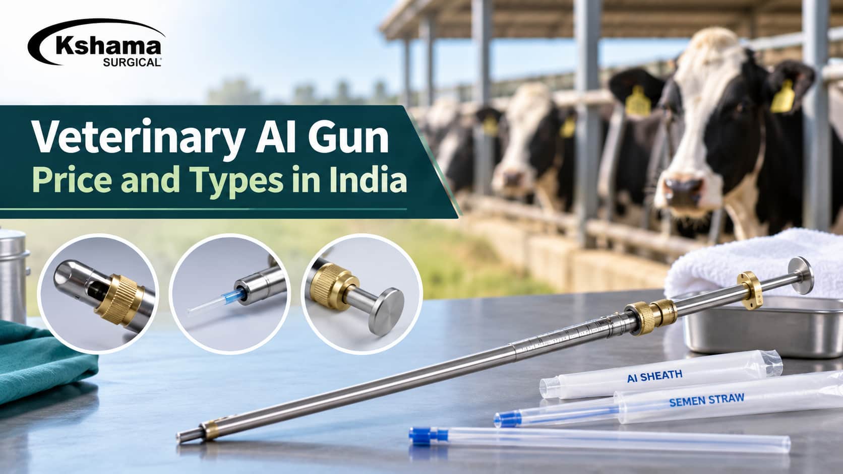 Veterinary AI gun displayed with semen straws and AI sheaths, illustrating veterinary artificial insemination equipment and types in India.