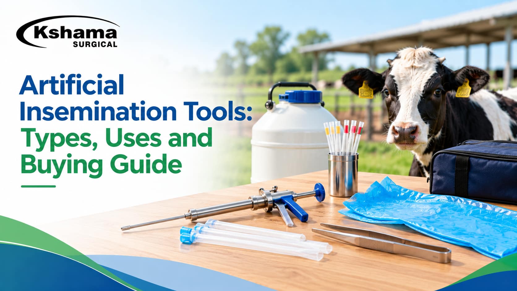 Artificial insemination tools for cattle, including an AI gun, sheaths, long-arm gloves, straw forceps, thawing equipment and liquid nitrogen container.