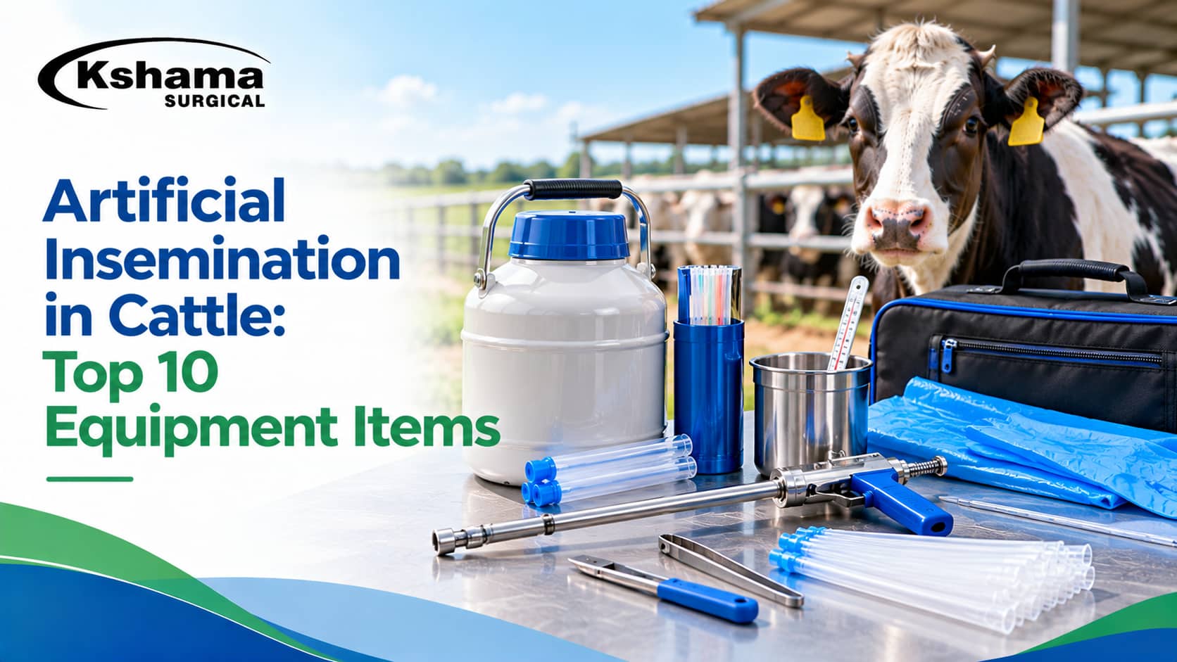 Artificial insemination in cattle equipment, including an insemination gun, sheaths, gloves, liquid nitrogen container and accessories, with a Holstein cow and Kshama Surgical branding.