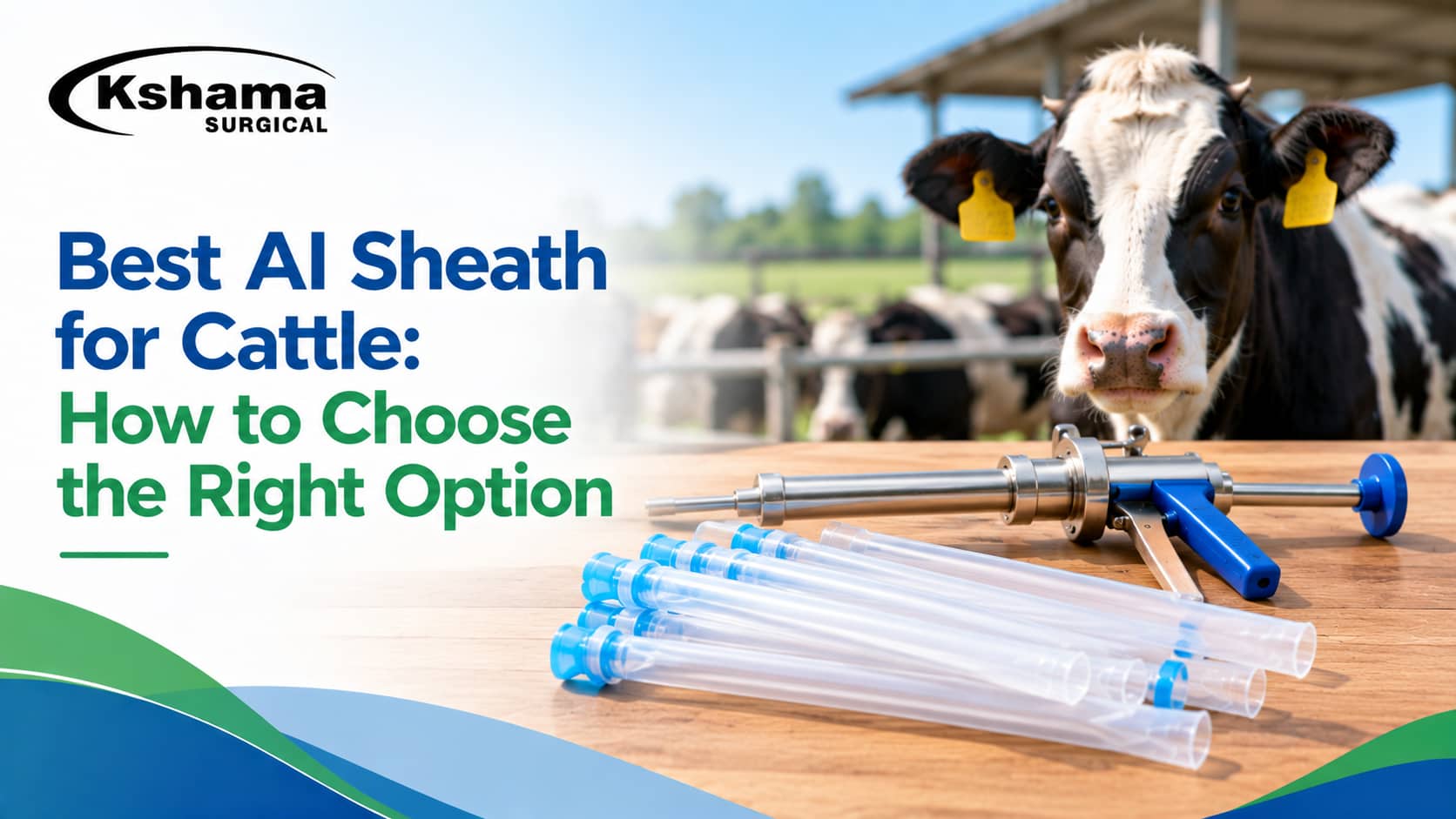 Best AI sheath for cattle by Kshama Surgical, featuring cattle insemination sheaths and an AI gun with a cow in a farm setting.