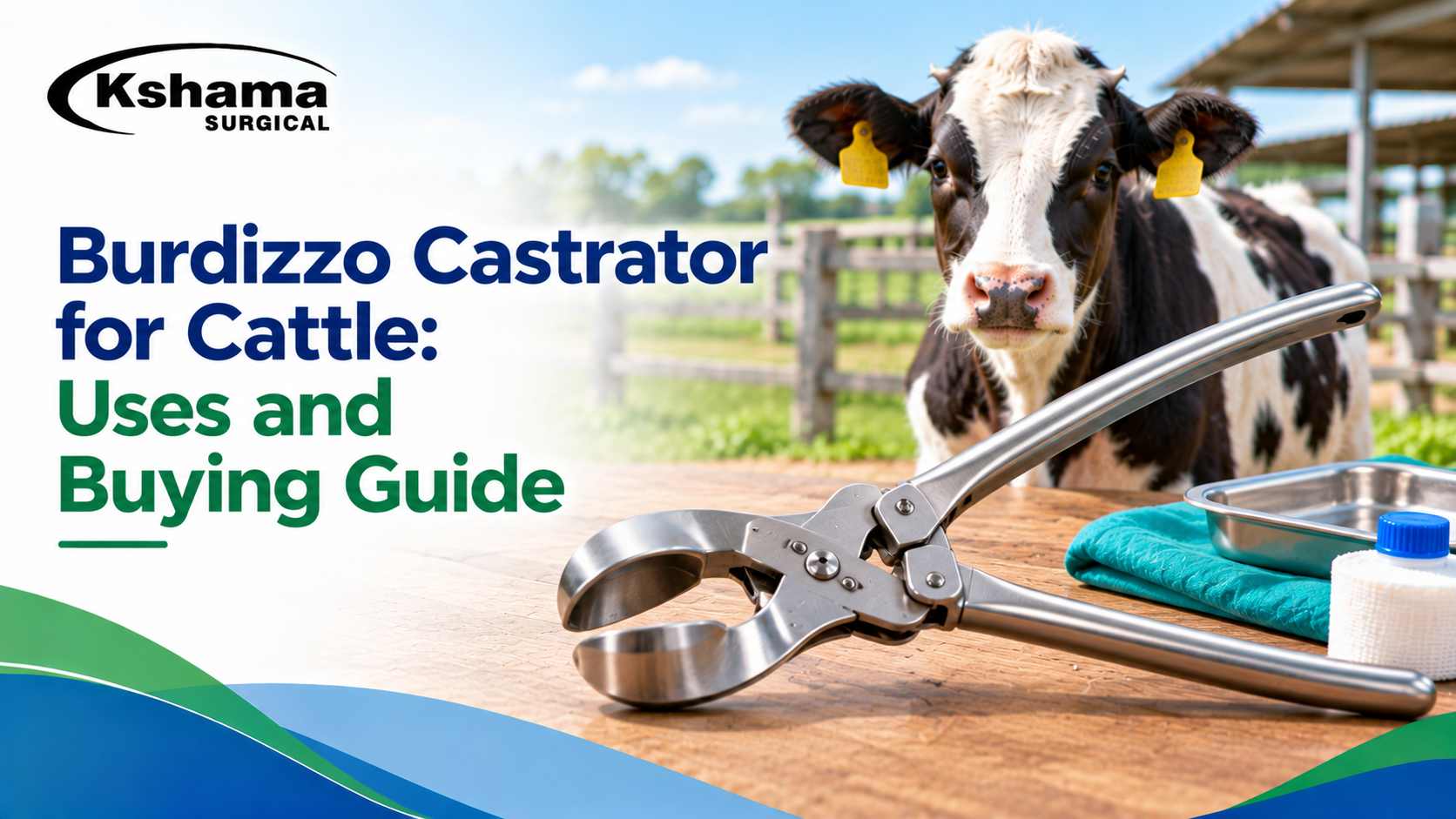 Stainless steel burdizzo castrator with long handles and rounded crushing jaws on a plain background