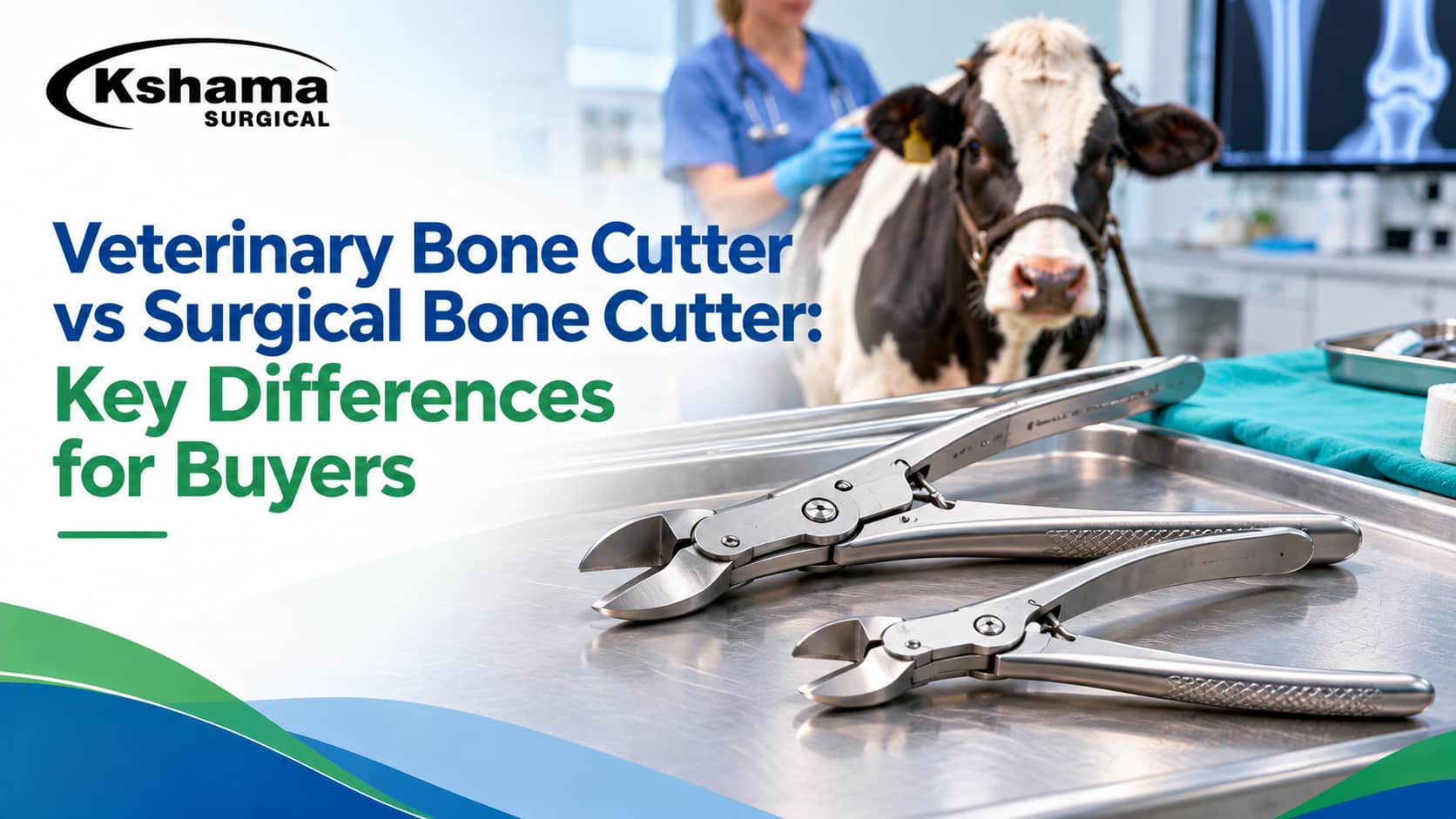 Veterinary bone cutter vs surgical bone cutter, featuring stainless-steel orthopedic instruments in a veterinary clinic with Kshama Surgical branding.